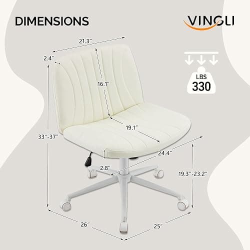 VINGLI Criss Cross Legged Chair,Wide Comfy Office Desk Chair,Dual-Use with/no Wheels Computer Task Chair,Swivel Armless Vanity Rolling Chair for Study,Make Up,Home Office,Cat Scratch PU Leather,Beige thumbnail 2