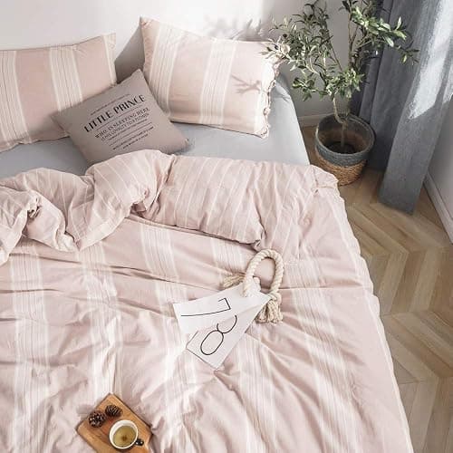 BISELINA Striped Duvet Cover Set 3pcs 100% Washed Cotton Linen Like Textured with Bowknot Bow Ties Strap Reversible Breathable Soft Comfy Chic Yarn Dyed Bedding (King, Cream Tan) thumbnail 8