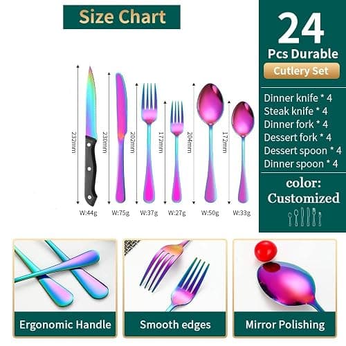 A · HOUSEWARE Rainbow Silverware Set For 4 Cutlery Stainless Steel Flatware 24 Piece Colorful Knives Fork Spoon Dishwasher Safe Eating Utensils For Festival Parties Restaurant thumbnail 5