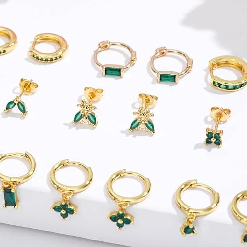 NEWITIN 15 Pairs Small Gold Stud Errings for Women Hypoallergenic Earring 14K Gold Plated Stainless Steel Inlaid Green Cubic Zirconia Earring Cartilage Stud Hoop Earrings Set thumbnail 3