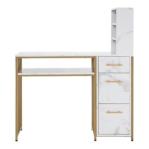 BarberPub Manicure Table with Drawers, Marbling Texture Nail Desk with Storage, Spa Beauty Salon Station, Modern Workstation with Open Shelves 2423 (White) thumbnail 9