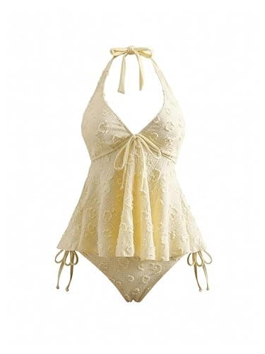 Verdusa Women's 2 Piece Halter Tankini Set Textured Babydoll Tops with Panty Swimsuits - Image 1