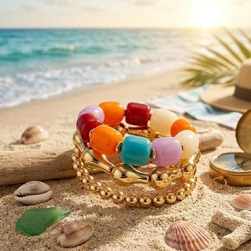 DIOWUS Colorful Beaded Bracelet Set For Women, 4pcs Gold Tone Chunky Stackable Resin Acrylic Bead Stretch Bracelets Boho Summer Beach Gift Jewelry thumbnail 6