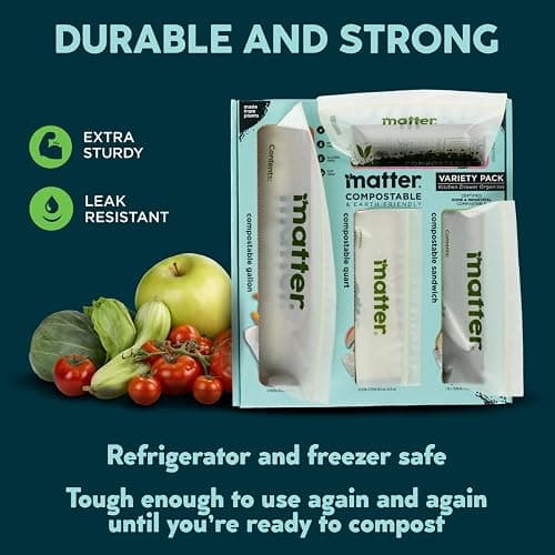 Matter Compostable Assorted Kitchen Bags, 230 Count, Biodegradable, Eco-Friendly Resealable Food Storage Variety Pack, 80 Snack, 80 Sandwich, 50 Quart & 20 Gallon thumbnail 5