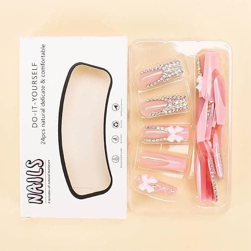 RUOKEXIN Long Square Press on Nails - French Tip False Nails Pink, Bow Rhinestone Designs, 24Pcs thumbnail 3