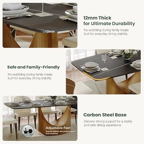POVISON 71" Modern Dining Table for 6, Matte Black Heavy-Duty Dining Table, Sintered Stone Dining Tabletop with Bronze Carbon Steel Pedestal, 71 inch Rectangle Dining Room Table (Table Only) thumbnail 7