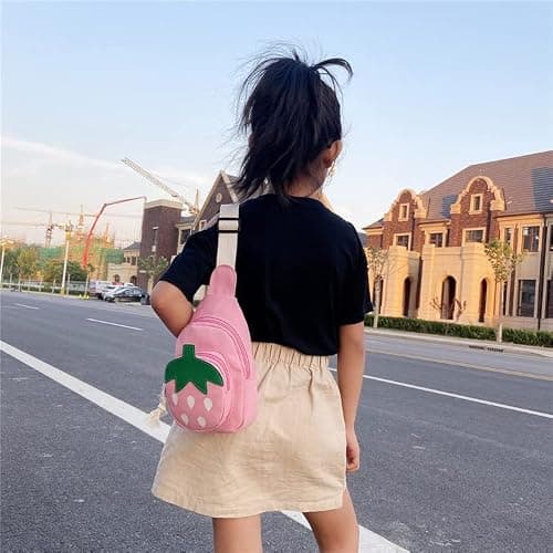 Hiflyer Pink Strawberry Sling Backpack, Small Backpack for Girls, Kawaii Bag, Lightweight Canvas, Adjustable Shoulder Strap, Zipper, 8x5x2 inches thumbnail 4