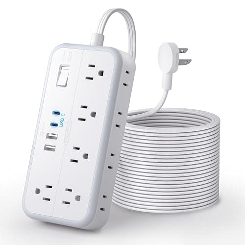 Flat Extension Cord 25 FT, NTONPOWER Long Surge Protector Power Strip, 10 Outlets 4 USB Ports (2 USB C), 3 Side 3 Prong & 2 Prong, 2700J, Overload Protection, Flat Plug Wall Mount, White, SurgePro - Image 1