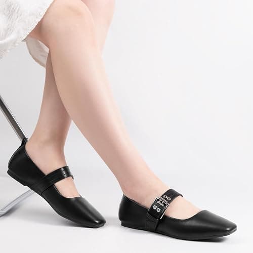 MUSSHOE Womens Ballet Mary Jane Flats Shoes Adjustable Strap Comfortable Square Closed Toe Versatile Chic Footwear with Latex Insole thumbnail 2