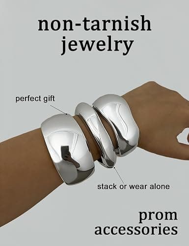 Chunky Gold Bangle Bracelets for Women, Dainty 14k Gold Plated Big Stackable Bangles Set, Trendy Statement Cuff Bracelet Stack Fashion Jewelry Gifts thumbnail 7