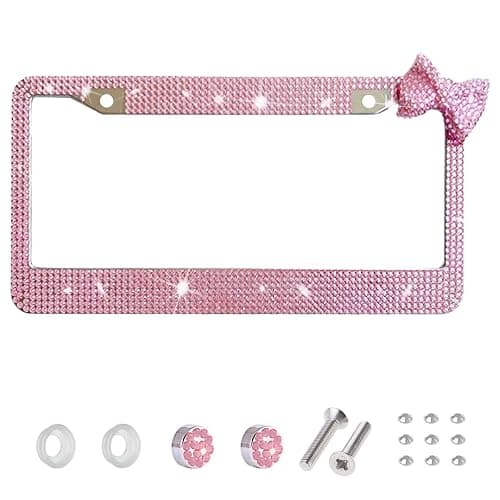 Wanheart 1 Pack Pink Bling License Plate Frame with Pink Corner Bow | Pink frame and upper-right bow, Fits 12 x 6 in plates, Stainless steel base, Hardware and extra stones included - Image 1