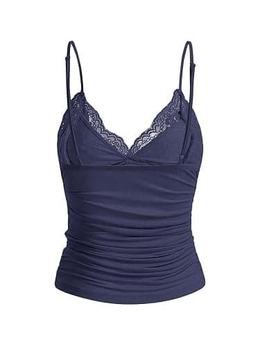 GORGLITTER Damen Y2k Camisole Spaghettiträger Tops Crop Top V-Ausschnitt Oberteil mit Kontrast Spitze thumbnail 2