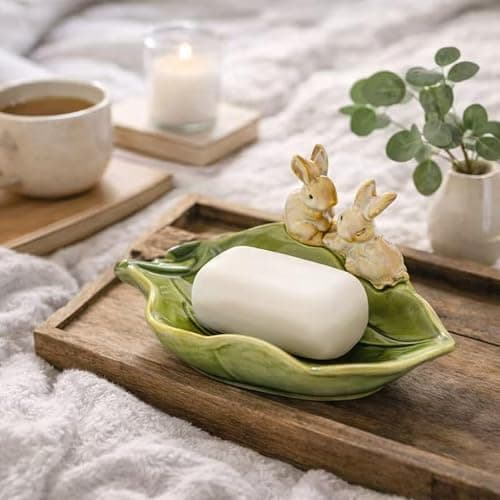 xyadyhz Ceramic Rabbit Soap Dish Holder, Keep Bathroom & Kitchen Organized - Decorative Bunny Sponge Rack, Key Bowl & Jewelry Tray for Countertop Storage, Cute Green Home Decor (1 Piece) thumbnail 4