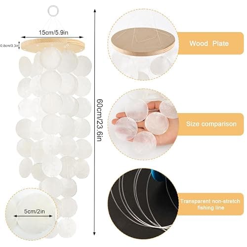 Wind Chimes for Outside - Handcrafted White Capiz Shells Windchime Coastal Style Decor for Indoor/Outdoors, Garden Decor, Great for Women, Wind Chimes Lovers and More thumbnail 2