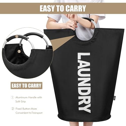 DOKEHOM 90L Large Laundry Basket Bag, Collapsible Tall Hamper, Black | Freestanding tall washing bin & foldable laundry bag. High-capacity clothes storage basket with durable sturdy handles thumbnail 5