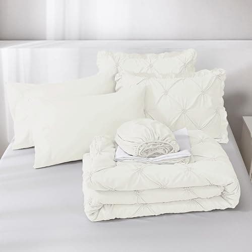 JOLLYVOGUE Ivory Full Size Comforter Sets 7 Pieces, Pintuck Bed in a Bag Comforter Set for Bedroom, Bedding Comforter Sets with Comforter, Sheets, Ruffled Shams & Pillowcases thumbnail 6