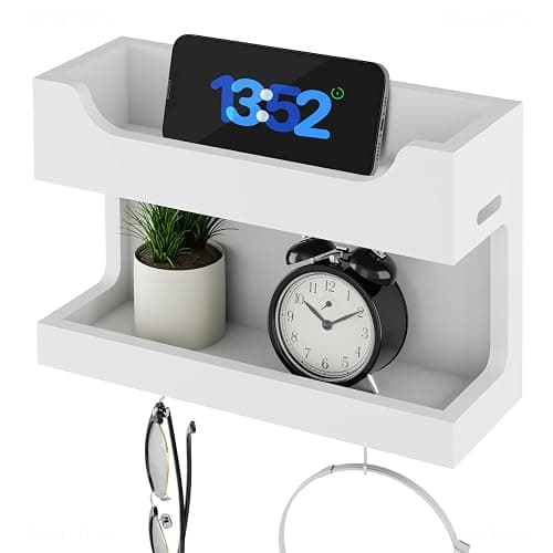 NiHome Wall Mounted Wooden Bedside Accessories Organizer, Double Tray Bedside Wall Storage Shelf Rack with Magnetic Hooks, Bedroom Dorm Wall Caddy Holder for Phone Glasses Alarm Clock Remote (White) - Image 1