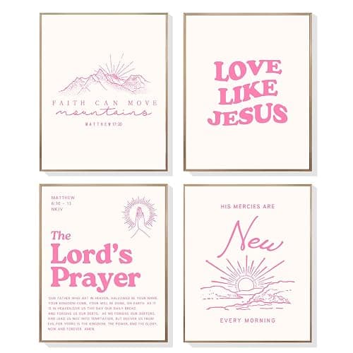 EVER-GOING TUNE Coquette Pink Bible Verse Wall Art Decor Posters Set of 4,Inspirational Scripture Prints,Jesus Wall Art,Minimalist Christian Room Decor for Bedroom/Dorm/Church 10x8 Inch (UNFRAMED) - Image 1