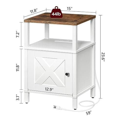 MAHANCRIS Farmhouse Nightstand with Charging Station, Barn Door End Table with USB Ports and Storage Cabinet, Bedside Table for Bedroom, Small Space, White and Rustic Brown ETRW96E01 thumbnail 3