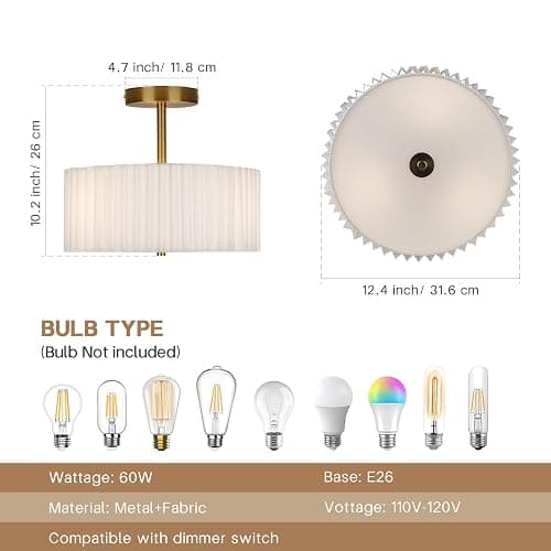 Modern Semi Flush Mount Ceiling Light with Pleated Fabric Shade, 12.5” Drum Gold Light Fixture with Lights, Warm White Linen Lamp for Bedroom, Living Room, Dining Room, Hallway, Kids Room thumbnail 2
