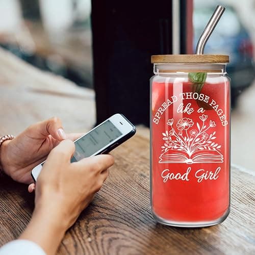 Enanaimg Funny Spicy Book Lovers 16oz Glass Cup Gift for Women - Spread Those Pages Like a Good Girl, Booktok Merch Gift for Readers Dark Romance BookTok Lover Cup for Her With Lids and Straw thumbnail 2