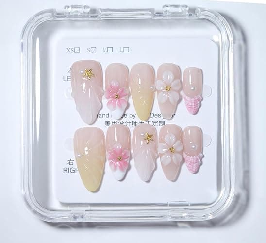 10Pcs Medium Almond Handmade Press On Nails | Nude Pink & Yellow Ombre with Seashell, Starfish, 3D Floral & Pearl Decor | Reusable Salon-Quality Fake Nails for Women and Girls (25901, M) thumbnail 4