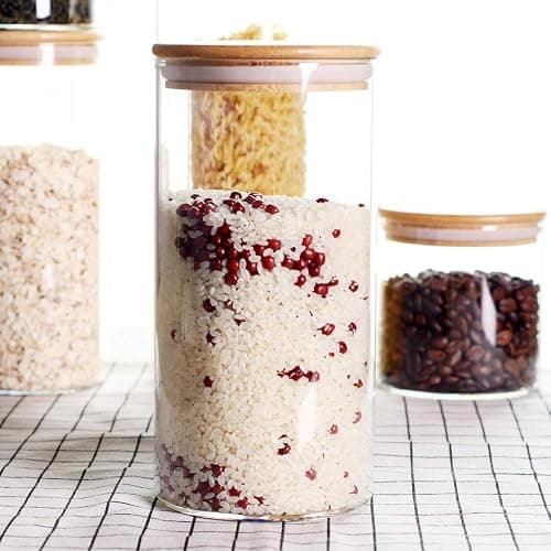 LEAVES AND TREES Y Stackable Kitchen Canisters Set, Pack of 5 Clear Glass Food Storage Jars Containers with Airtight Bamboo Lid for Candy, Cookie, Rice, Sugar, Flour, Pasta, Nuts thumbnail 5