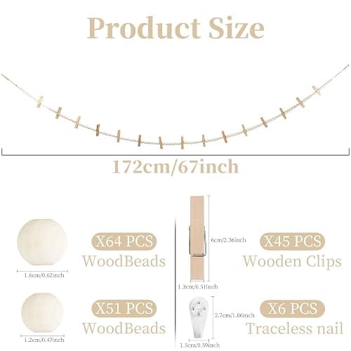 3PCS Hanging Photo Display with 45 Clips, 67 Inch Boho Wooden Bead Garland Photo Banner, Kids Art Display Collage Picture Postcard Display, Photo String for Bedroom Dorm Cubicle Wall Decor Teen Gifts thumbnail 3