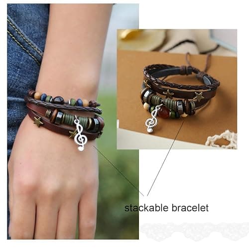 Dmaiy Leather Music Bracelets Braided Beaded Bracelet Black Stackable Bracelets for Women and Men - Brown music thumbnail 4