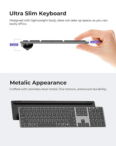 seenda Wireless Bluetooth Keyboard and Mouse Combo (USB + Dual BT), SKM64-3 Multi-Device Rechargeable Slim Keyboard and Mouse, Compatible for Win 7/8/10, MacBook Pro/Air, iPad, Tablet - Black Gray thumbnail 4