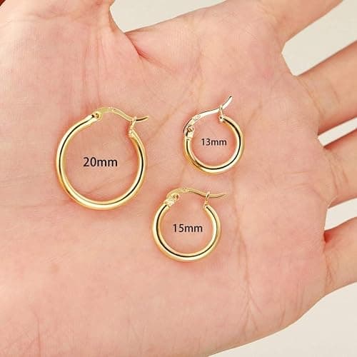 14K Gold Plated Hoop Earrings for Women, 4 Pairs Sterling Silver Post Small Hoops, Gold Huggie Earrings Set for Women Men (13mm 15mm 20mm 25mm) thumbnail 4