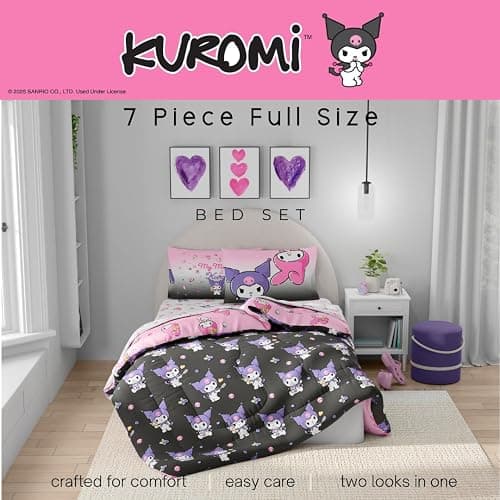 Franco Sanrio Kuromi & My Melody Bedding 7 Piece Super Soft Cozy Reversible Comforter and Sheet Set with Sham, Full, (Officially Licensed Product) thumbnail 5