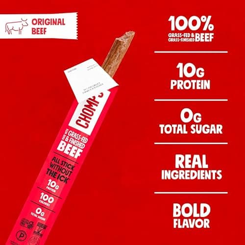 Chomps Original Beef, STICKER PACK, Grass-Fed & Finished, 10ct | Grass-Fed And Finished Beef Sticks With Zero Sugar, Keto And Paleo Friendly, Whole30, Low-Carb Snack, 10G Protein thumbnail 4