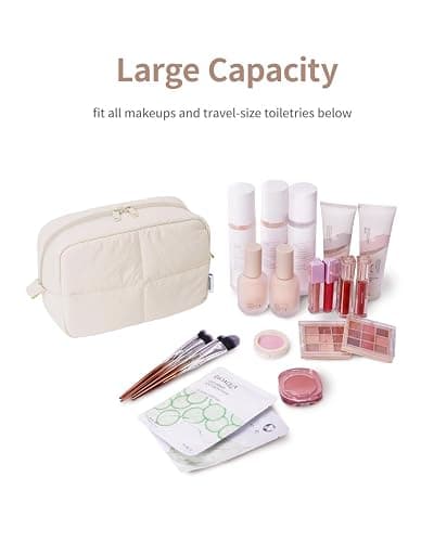 Narwey Puffy Makeup Bag for Travel Women Girl, Quilted Makeup Bag Cosmetic Bag, Cute Puffer Make up Organizer Bags, Travel Toiletry Bag Toiletries (Beige) thumbnail 3