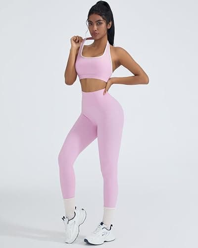 OMKAGI 2 Piece Workout Sets for Women Halter Sports Bras Gym Sets Booty Leggings Outfits thumbnail 4
