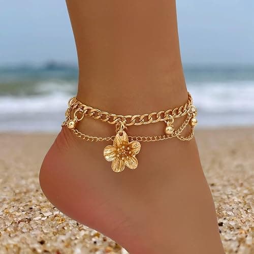 ONBRIG Ankle Bracelets for Women Gold Anklets for Women Waterproof Summer Beach Jewelry Pink Blue White Silver Flower Anklets for Women Plus Size Anklet Bracelet for Big Ankles Foot Jewelry thumbnail 2