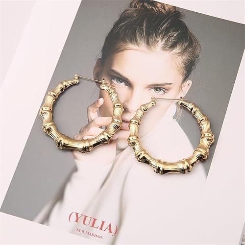Bamboo Hoop Earrings Oversized Metal Gold Bamboo Earrings Hip Hop Chunky Silver Big Hoop Earrings Exaggerated Pride Outfits for Women thumbnail 2