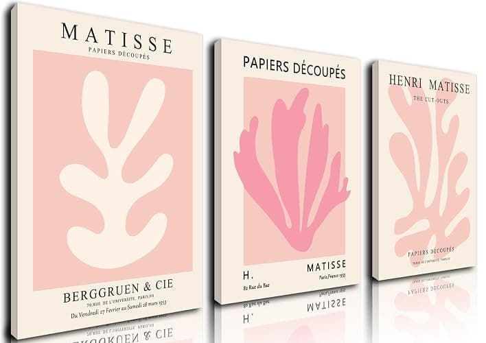 Julaydi Pink Matisse Wall Art Framed Abstract leaf Posters Pastel Henri Matisse Canvas Prints Modern Minimalist Wall Decor Aesthetic Painting Pictures for Living Room Bedroom Bathroom 12x16in Set of 3 - Image 1