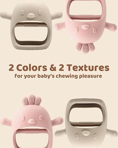 2 Packs Baby Teething Toy Silicone Teething Mitten for Babies Over 3 Months Anti Dropping Wrist Hand Teethers Baby Chew Toys for Sucking Needs, BPA Free (Pink & Caramel) thumbnail 7