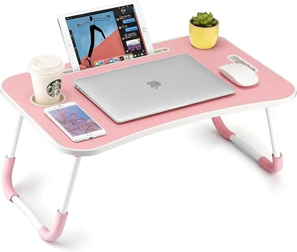 FISYOD Foldable Laptop Table, Portable Lap Desk Bed Table Tray, Laptop Stand with Cup Holder & Tablet Slot & Lifting Handle for Working Writing Drawing & Eating (Light Pink) - Image 1
