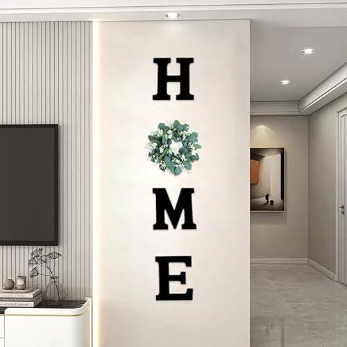 JOYWU Wood Home Sign for Wall Decor,Farmhouse Walls Home Sign with Artificial Eucalyptus Wreath,Wooden Hanging Letters Decorative Wall Art Decor for Entryway Living Room Kitchen Dining Room (green) - Image 1