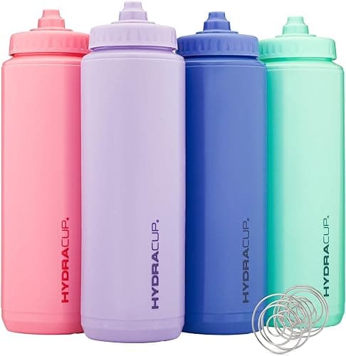 Hydra Cup Sport [4 Pack] 32 oz Squeeze Water Bottles, Fast Flow Sports Water Bottle with Ball Blender Whisk, Bike & Cycling Water Bottle, Travel To Go, BPA Free (Bright Colors) - Image 1