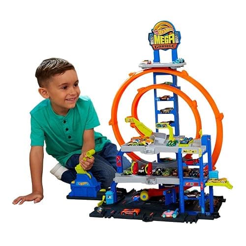 Hot Wheels Toy Car Track Set with Die-Cast Car & Helicopter, 2 Loops, Storage for 36 1:64 Scale Vehicles, Speed Snap Adapters, Mega Loop Garage thumbnail 3