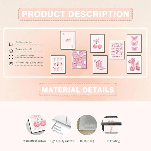 Ucninvd Pink Bow Wall Art Posters Set of 9 Trendy Coquette Preppy Wall Decor Paintings Disco Ball Girly Room Decor Aesthetic Canvas Pictures Prints for Bathroom Living Room Dorm 8x10Inch Unframed thumbnail 5