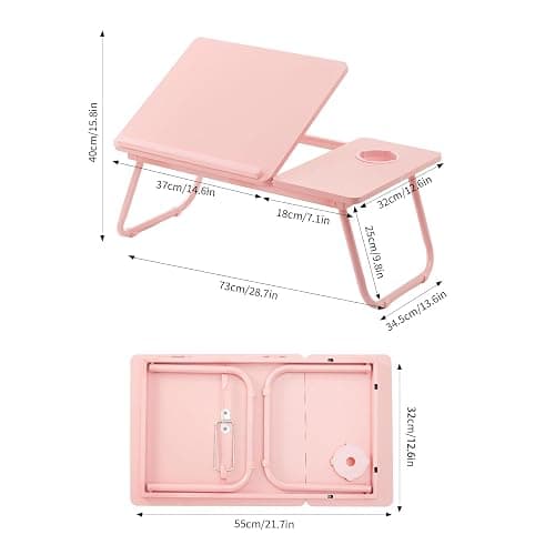 Holdfiturn Foldable Laptop Desk, Laptop Table with Cup Holder, Height Adjustable Computer Bed Tray Table, Reading Holder Notebook Stand for Eating Reading Working (Pink) thumbnail 3