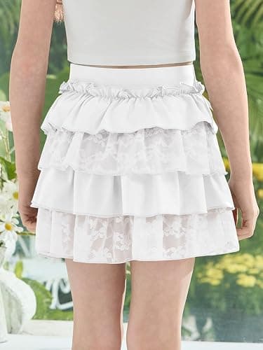 Girls Ruffle Tiered Mini Skirt Kids Cute Bowknot Lace Trim Lolita Skirts with Shorts 5-14 Years thumbnail 6