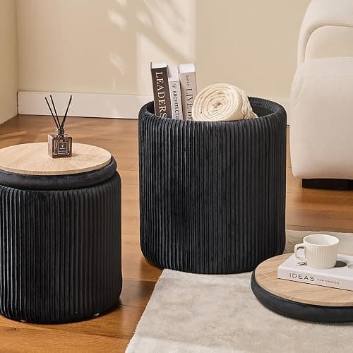 Round Set of 2 Ottoman with Storage-Upholstered Velvet Vanity Stool for Makeup Multifunctional Ottomans Coffee Table Padded Seat Foot Rest for Living Room&Bedroom (Black) thumbnail 6