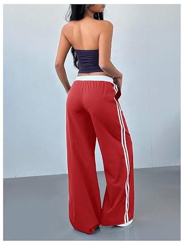 WDIRARA Women's Wide Leg Baggy Sweatpants Side Striped Number Graphic Track Pants with Pockets thumbnail 2