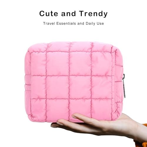 E-Tree Cute Makeup Bag,Quilted Cosmetic Bag for Women,Make up Pouch for Purse,Toiletry Zipper Pouch,Checkered Bag,Travel Case,Storage Pouches for Organization (Pink) thumbnail 5