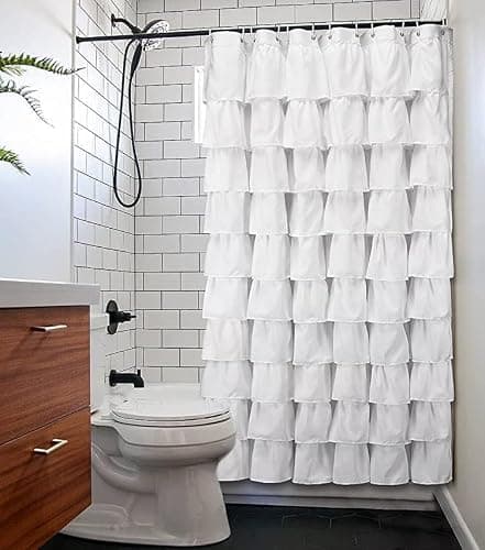 Volens White Shower Curtain Fabric Ruffle for Bathroom,72in Long thumbnail 4